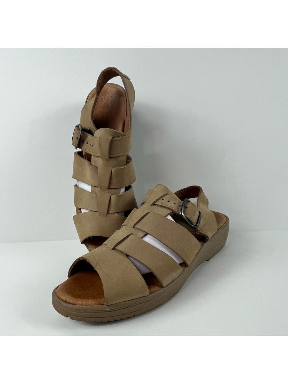 Dexter Comfort Tan Leather Open Toe Strappy Sandals with Buckle Sz 10 EUC